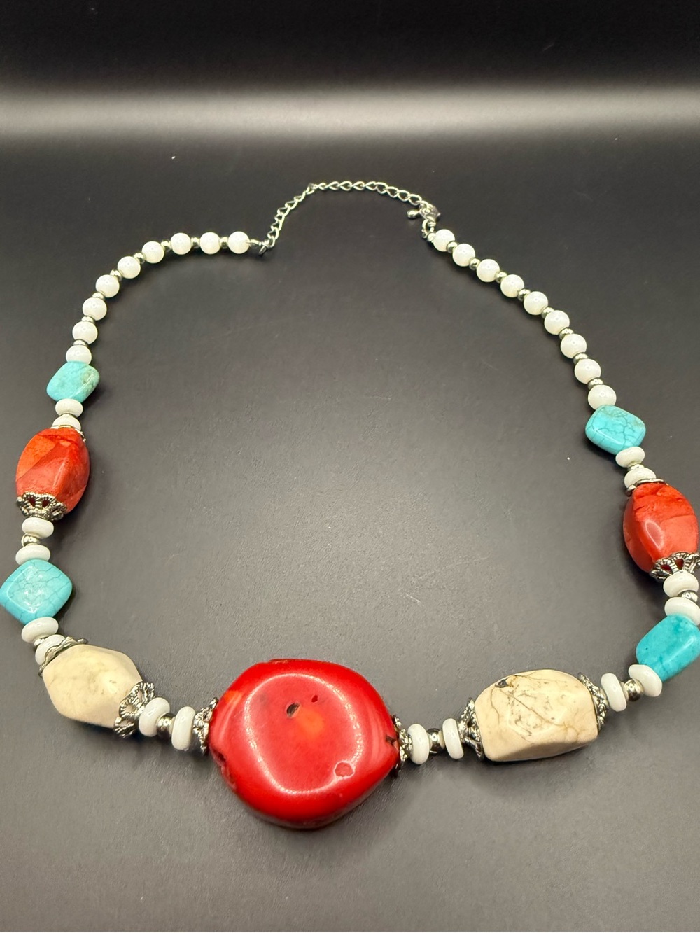 Turquoise, Red and White Boho Cowgirl Silver Tone Statement Necklace Southwest
